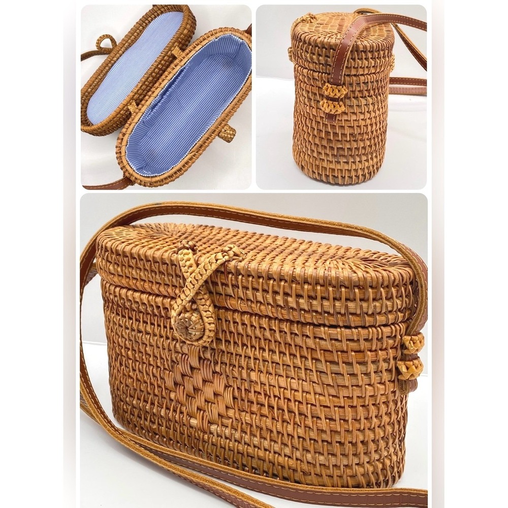 Vintage Boho Woven Rattan Crossbody Bag Kiss Lock Straw Purse Tan Blue Striped